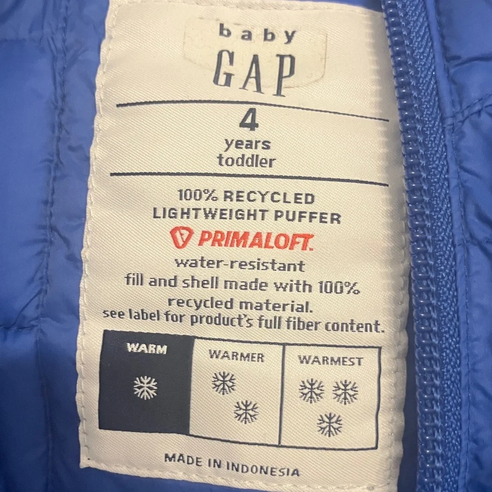 Bay gap light puffer weight water resistant hooded blue full zip 4T toddler